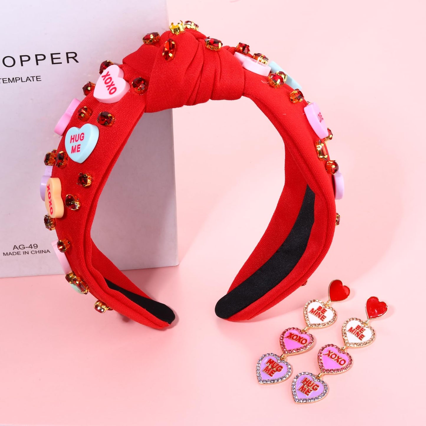 Valentine’s Day Headband for Women Love XOXO Heart Headbands Jeweled Conversation Heart Knotted Headband Pink Red Rhinestone Crystal Top Knot Headband Valentine’s Day Accessories Gifts (Red Set)