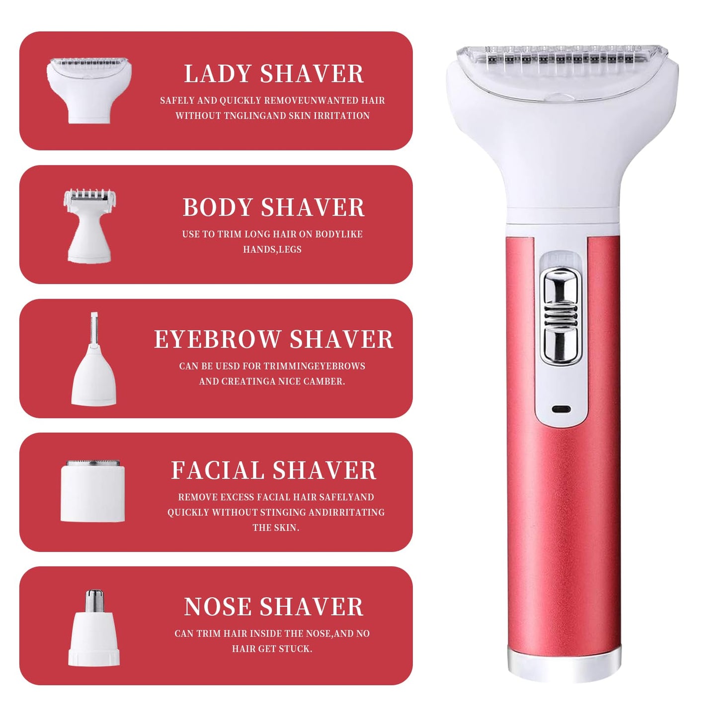 Women's Electric Shaver 5 in 1 Shaver Electric Painless Portable Facial Hair Removal Bikini Area Trimmer Armpit Hair Removal Nose Hair Trimming Dry and Wet