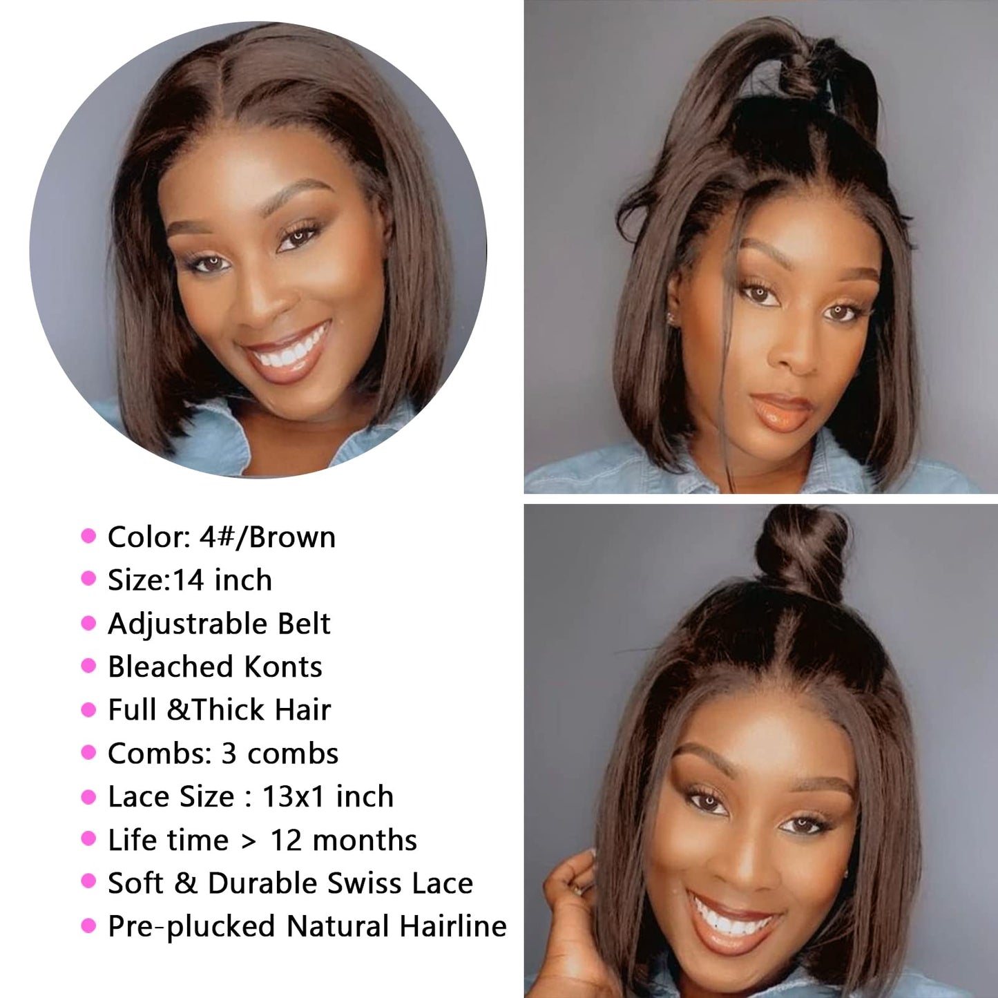Bob Human Hair Wigs Short Straight Lace Front Wigs Cut Brown Short Curly Human Hair Wigs 180% Density Lace Front Wigs for Black Women Human Hair Plucked Pre Plucked With Baby Hair (4#, 14inch)
