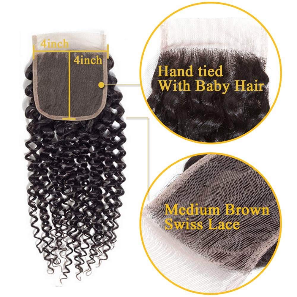 QTHAIR 14A Brazilian Curly Virgin Human Hair Bundles with 4X4 Middle Part Lace Closure Unprocessed Human Hair Extensions Natural (14 16 18+12,lace closure)