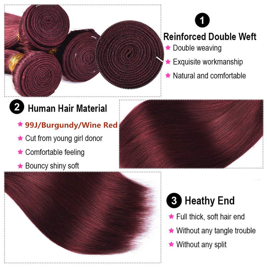Straight Hair 8A Brazilian Virgin Hair 99j Burgundy Straight Hair 100% Unprocessed Human Hair Weaves 3 Bundles with Lace Closure 4x4 Free Part Red Wine Color Weft Weaves 12 14 16 with 12C,burgundy…