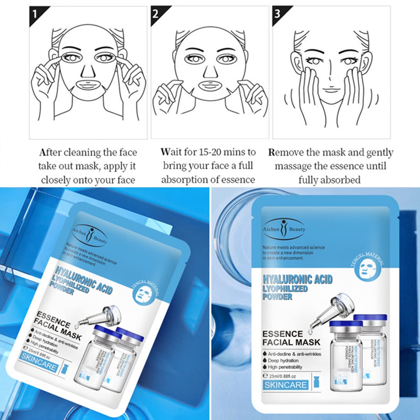 AICHUN BEAUTY Essence Facial Mask Tencel Material Anti-acne Anti-wrinkles Repair After Sun Moisturizing Deep Cleaning Contractive Pore 25ml/0.88fl.oz X 10pcs (HYALURONIC ACID LYOPHILIZED POWDER(10pcs))