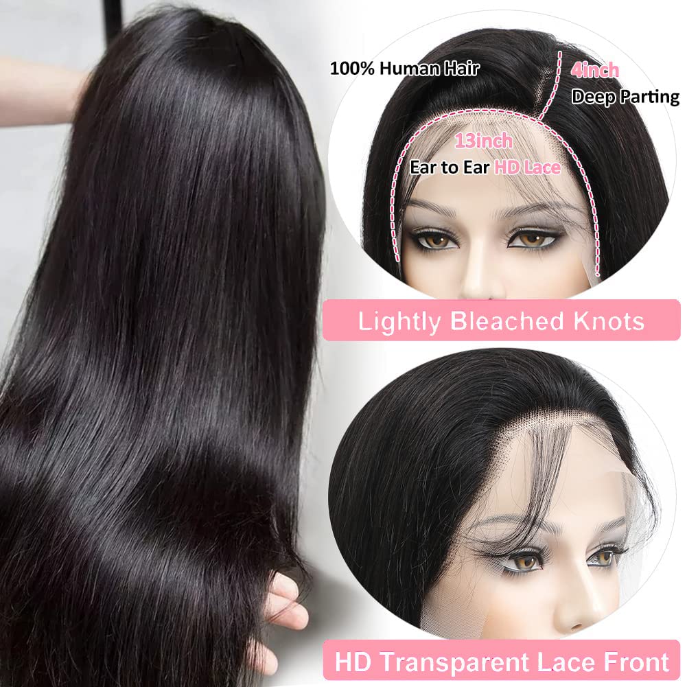 SUIFENGWU 13×4 Straight Lace Front Wigs Human Hair HD Lace Frontal Wigs 180% Density Brazilian Virgin Human Hair Wigs Pre Plucked With Baby Hair No Split Softness Wigs Full And Thick 18 inch
