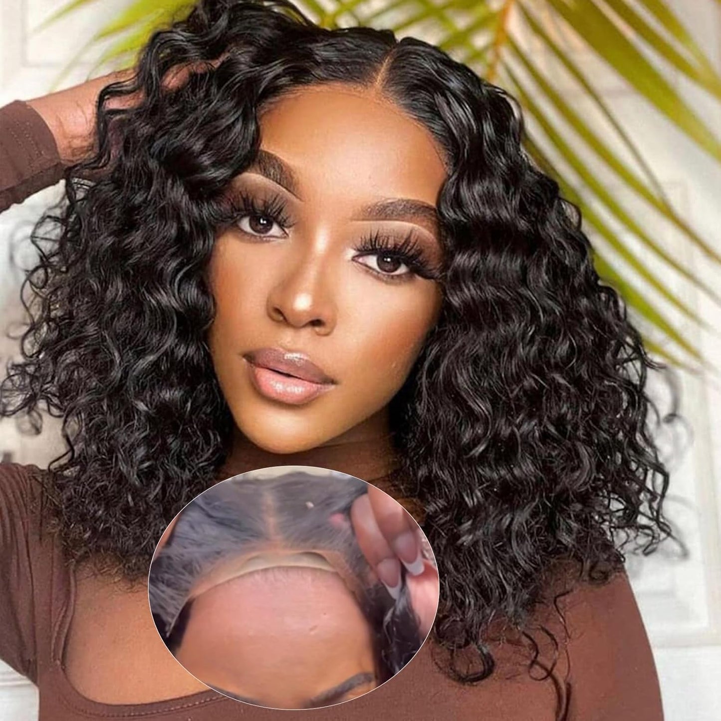 Real Wear And Go Short Curly Wig Human Hair 180% Density Black Water Wave Bob Wigs Human Hair Glueless Pre-cut 4x4 Lace Closure Wig Brazilian Human Hair 10Inch