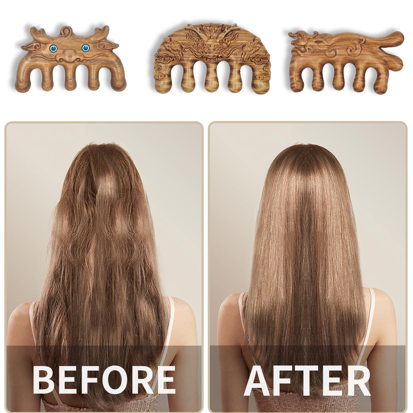 Rhinenet 3PCS Scalp Massager Natural Green Sandalwood Wood Massage Comb Wide Tooth Handmade No Static Head Massage Cute Animal Shapes Comb for Women Men Hair Neck Hands Legs Caring Tool (Dragon-3)