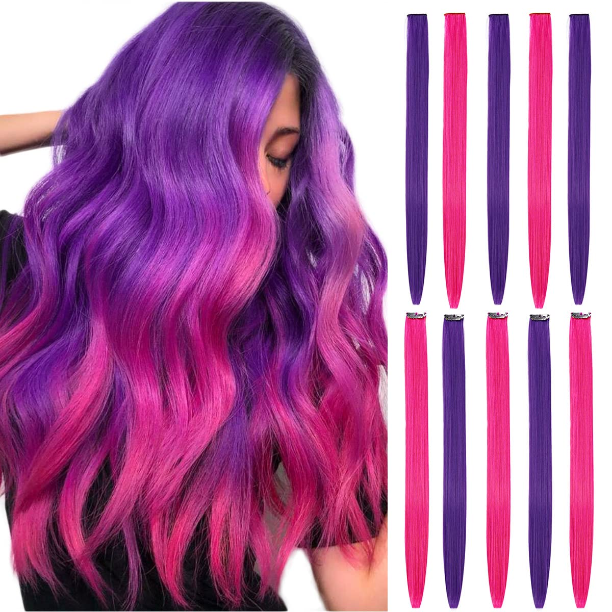 BHF Pink Purple Hair Extensions Purple Orange Clip in - Halloween Hair Accessories for Kids Girls Women Bright Vibrant Neon Hair Extensions Fairy Hairpieces Long Straight 22" 10pcs