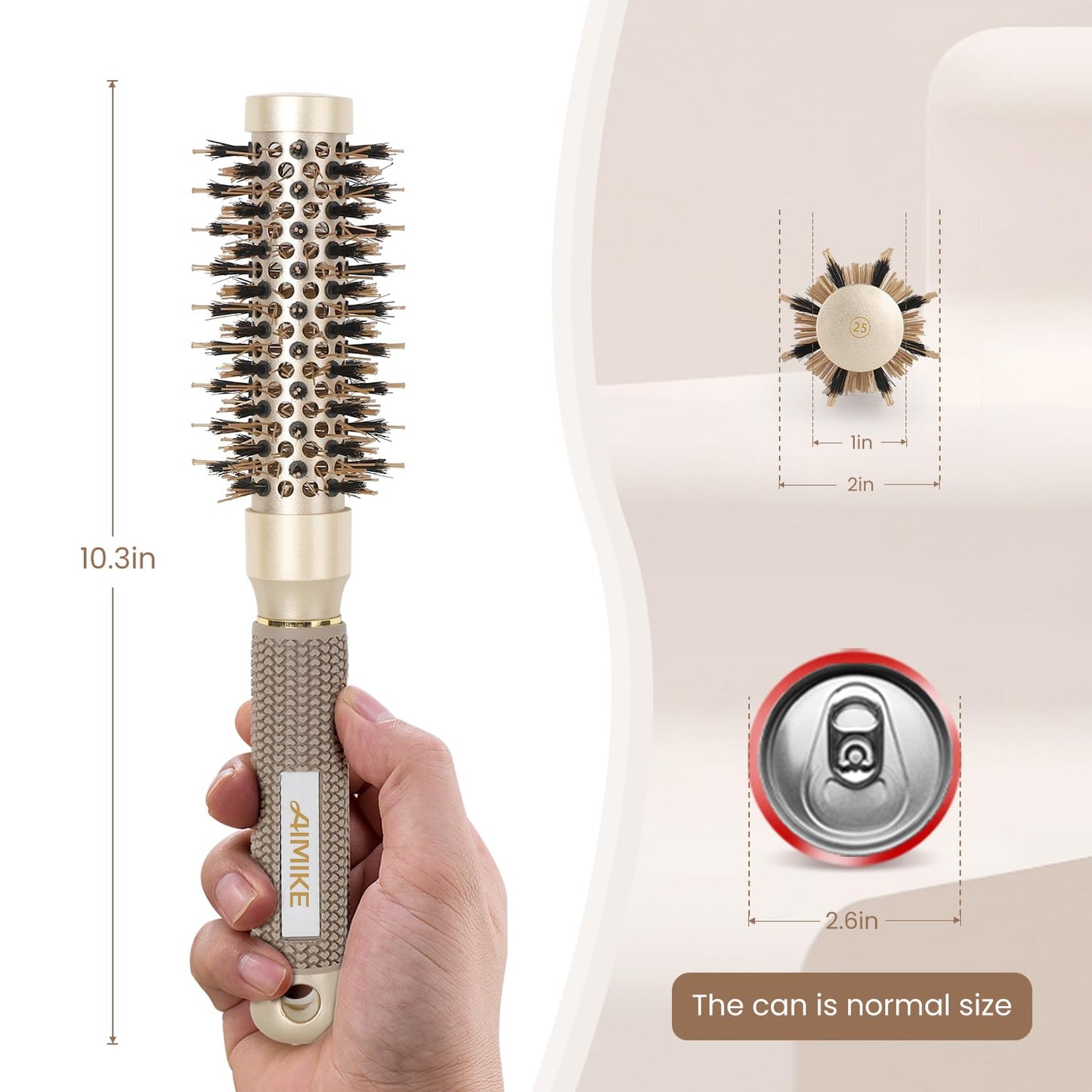 AIMIKE Round Hair Brush, 1 inch Barrel with Boar Bristles, Nano Thermal Ceramic & Ionic Tech, for Blow Drying, Styling, Curling and Shine + 4 Clips (Gold, Unisex, Fine Hair, Short Hair, Anti-Frizz)