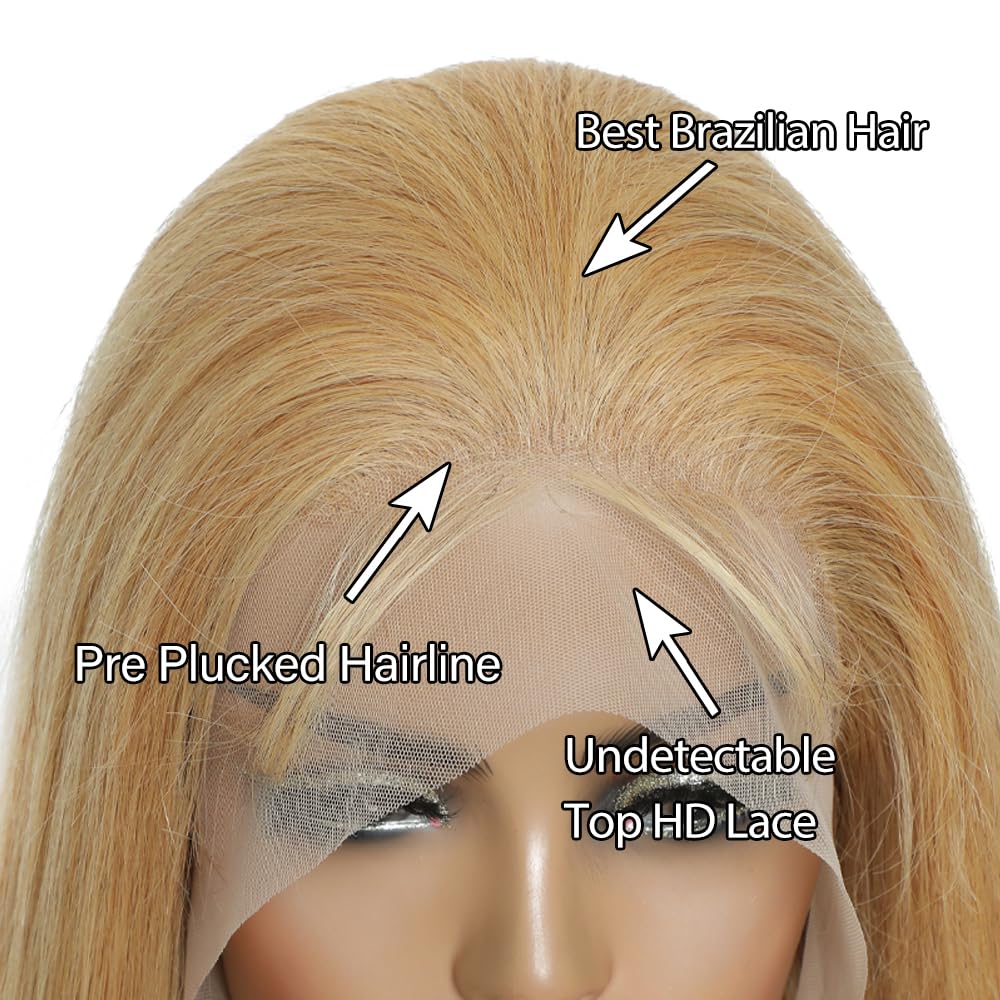 Straight 13x4 Lace Front Human Hair Wig For Black Women（16inch，180% Density）Honey Blonde Pre plucked Natura Hairline Transparent Lace Frontal Wig Brazilian Remy Glueless Lace Wig