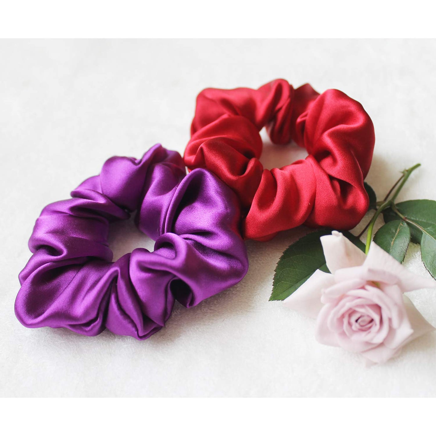 Real Natural Mulberry Silk Scrunchies Hair Elastics Hair Band Hair Ties Hair Holder for Women Girls (A-dark purple+dark red)