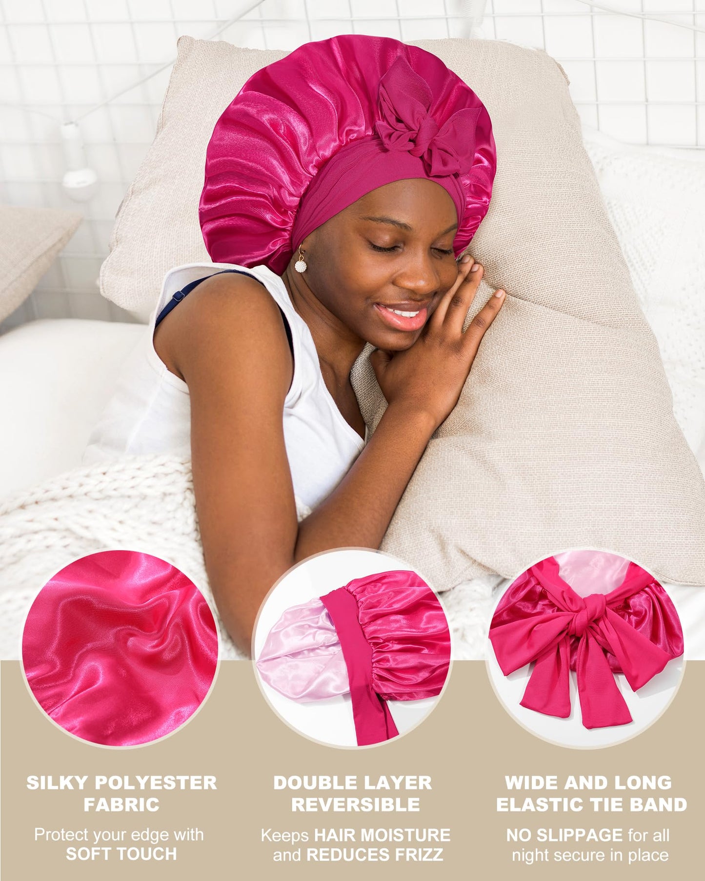 Satin Bonnet for Women Silk Bonnets for Sleeping Curly Hair Bonnet with Elastic Tie Band Reversible Double Layer Sleep Cap Hair Wrap (Rose Red + Pink)