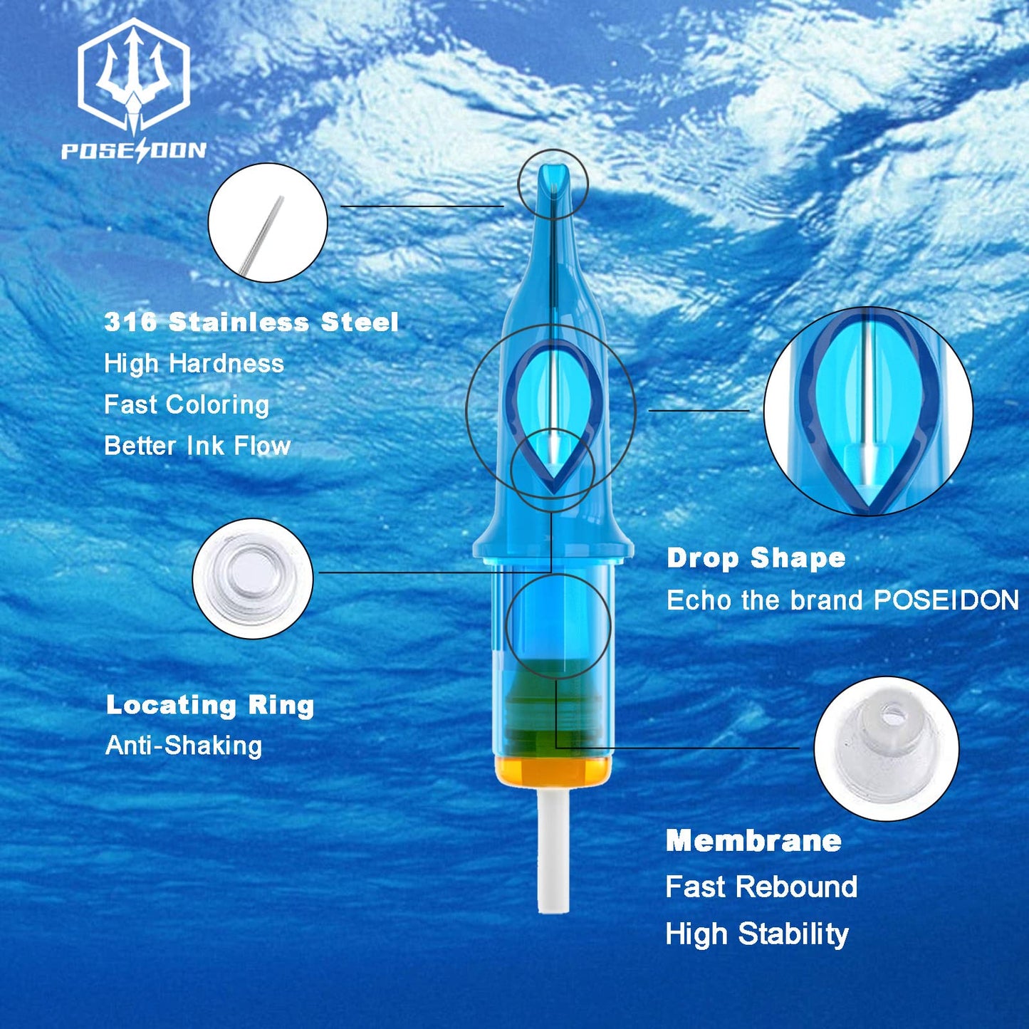 POSEIDON V3 Tattoo Cartridge Needles 30Pcs with Membrane Safety Cartridges Disposable Tattoo Needle for Tattoo Artists Round Shader (1203RS)