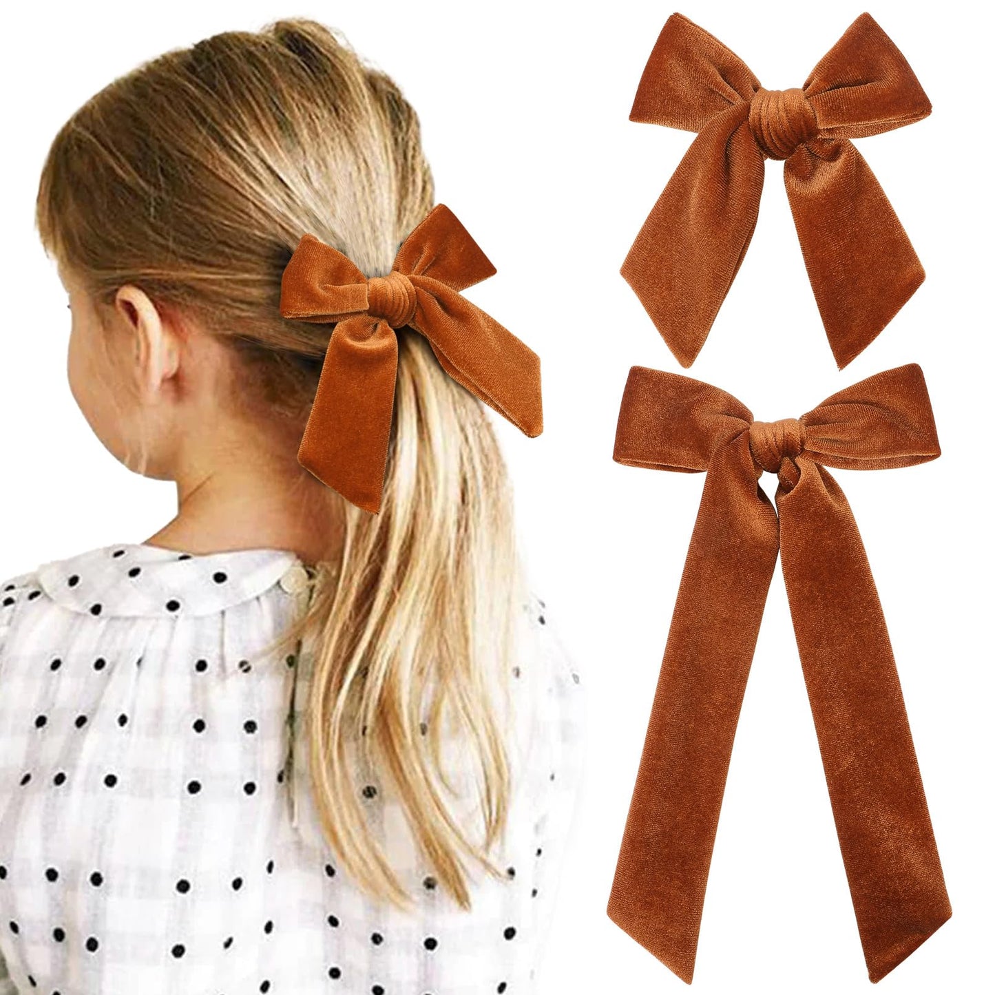 Soft Velvet Hair Bows for Toddler Girls - 2 Sizes (5" & 3.5") Long Ponytail Knot Bows with Alligator Clips - Hair Accessories for Little Kids, Orange & Brown