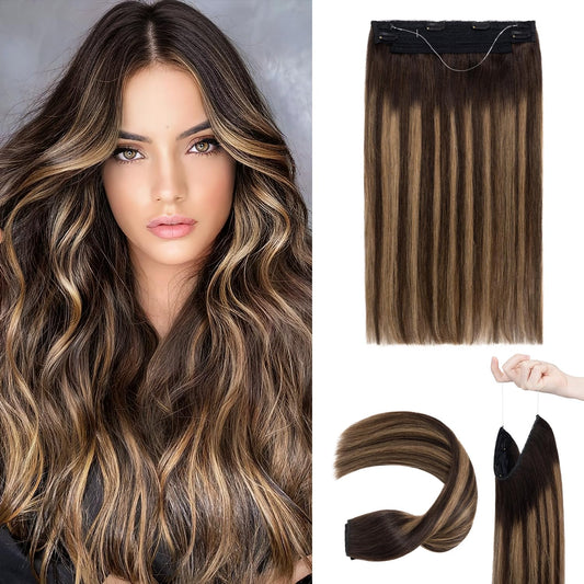 SLEEKALON Invisible Wire Hair Extensions Real Human Hair 16 Inch Dark Brown to Light linen Mix Brown Halo Hair Extensions with Clips Adjustable Fish Line Wire Hair Extensions For Women 95g,#2T2P6