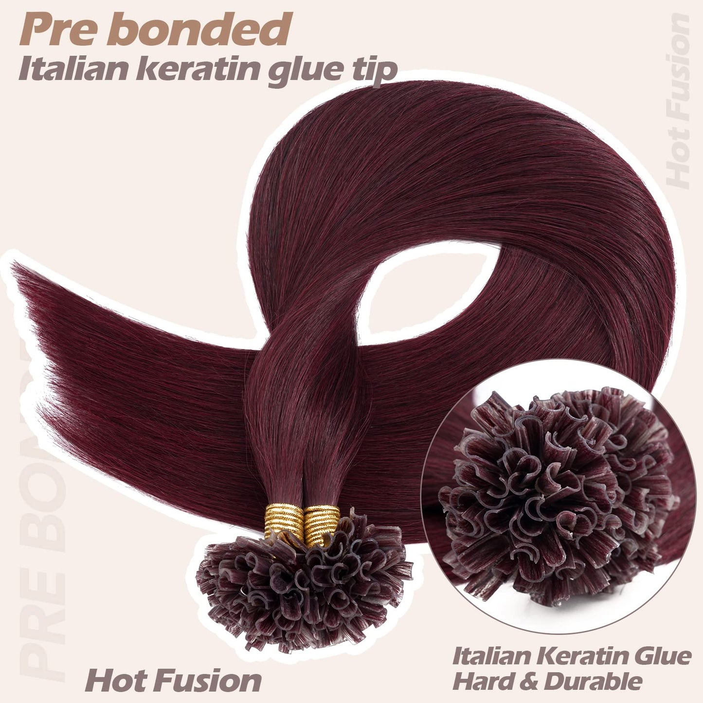 S-noilite U Tip Hair Extensions Human Hair Burgundy U Tip Fusion Hair Pre Bonded Nail Tipped Hair Italian Keratin Glue Remy Human Hair Straight 100 Strands/50g 22 Inch (#99J Wine Red)
