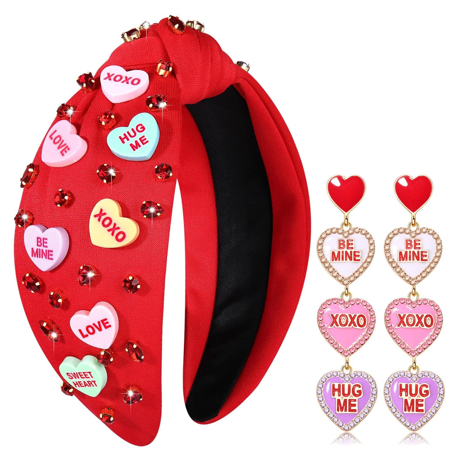 Valentine’s Day Headband for Women Love XOXO Heart Headbands Jeweled Conversation Heart Knotted Headband Pink Red Rhinestone Crystal Top Knot Headband Valentine’s Day Accessories Gifts (Red Set)