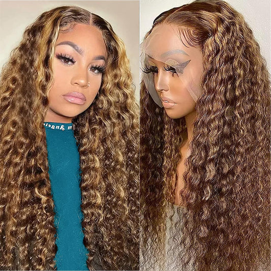 Smilenice 13x6 Highlight Ombre Deep Wave Lace Front Wigs Human Hair Pre Plucked 220% Density 4/27 Colored Honey Blonde Curly Human Hair Wig Glueless HD Transparent Lace Front Wigs for Women 16 Inch