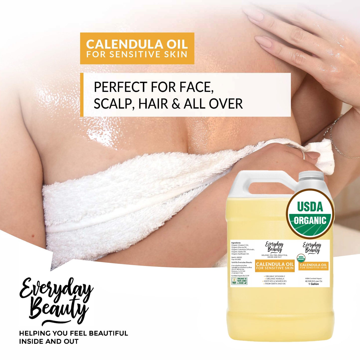Organic Calendula Oil For Sensitive Skin -Bulk 1 Gallon- USDA Organic Certified 100% All Natural Plant Based, Lightweight & Unscented Gentle Soothing Oil For Sensitive Skin - For Face, Skin & All Over