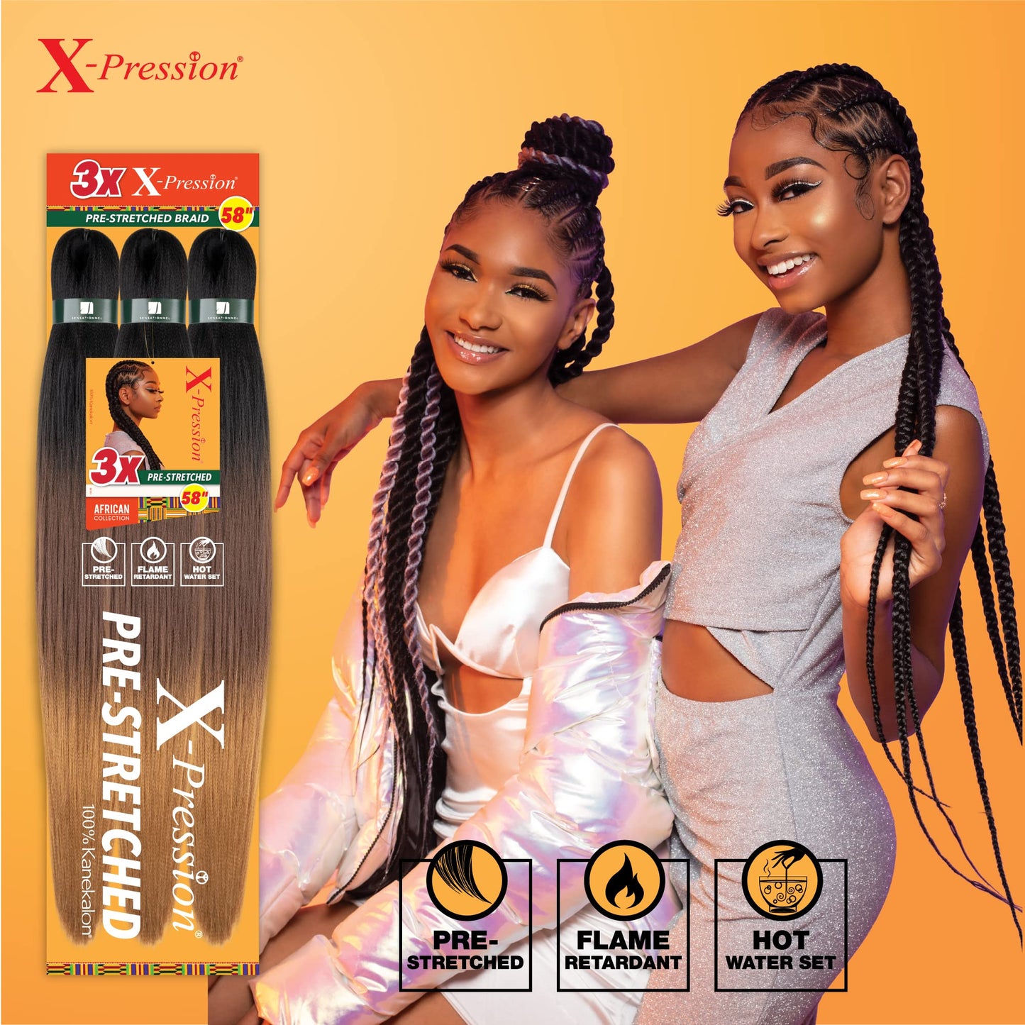 Sensationnel Xpression prestretched braiding hair - 3x xpression 58-inch flame retardant smooth yaki braid - 3x x-pression 58 inch (2 pack, 3T2/27/613)