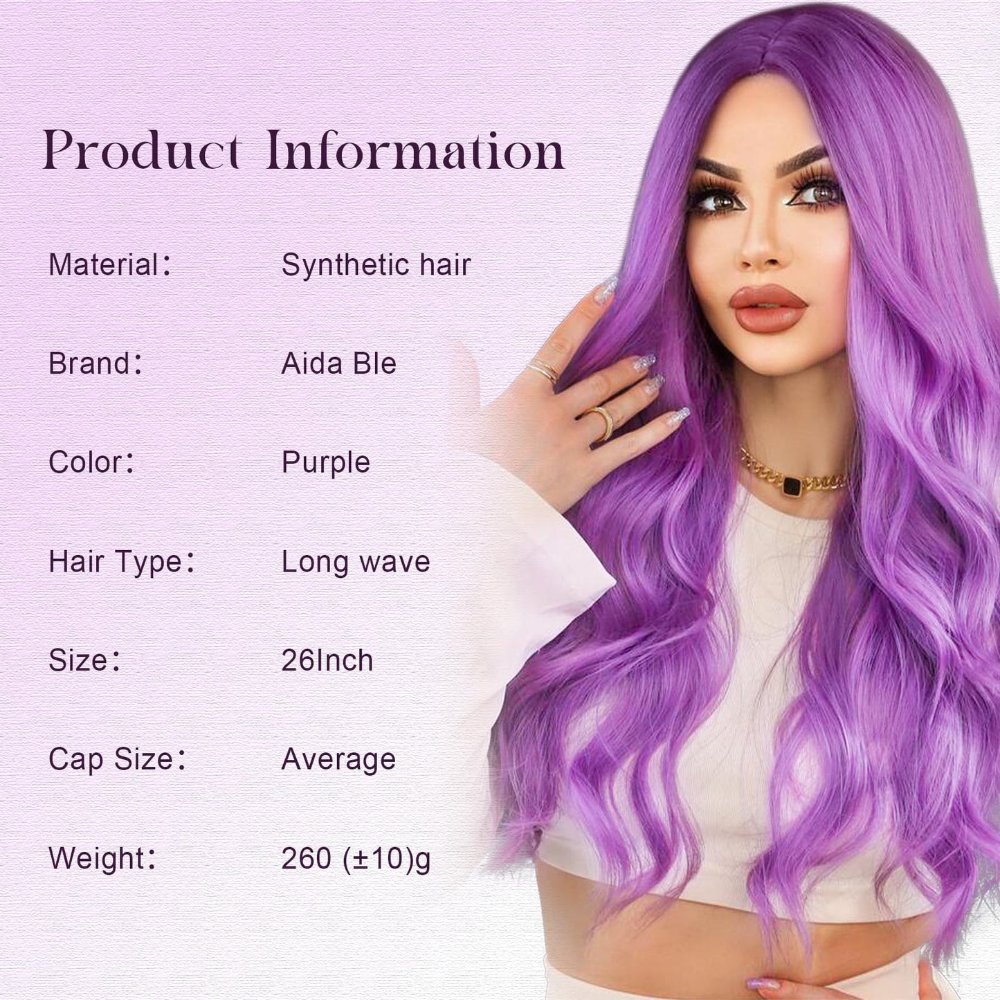 Aida ble Long Purple Wavy Wig for Women 26inch Lavender Purple Wavy Wig Natural Curly Synthetic Heat Resistant Wigs for Girls Halloween Cosplay Daily Party Use