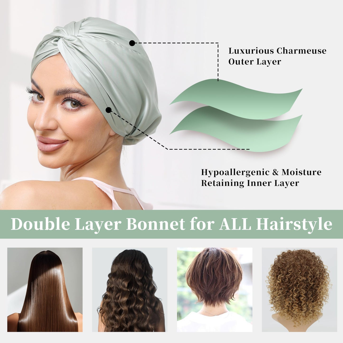 Adjustable Silk Satin Bonnet for Sleeping Hair Wrap, Double Layer Sleep Cap, Night Turban for Large Long Curly Braid Women Men Hair - Matcha Green