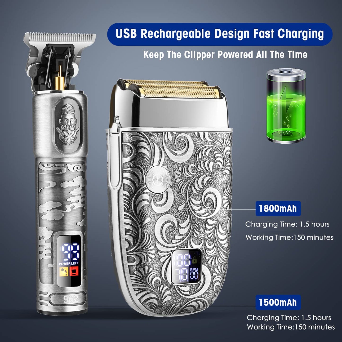 RESUXI Mens Clippers and Grooming Set,Professional Hair Clippers and Shavers for Men,Electric Razor and Cordless T BladeTrimmer Kit,Beard Trimmer for Men Barbers Supplies,LCD Display 2 Foil Head