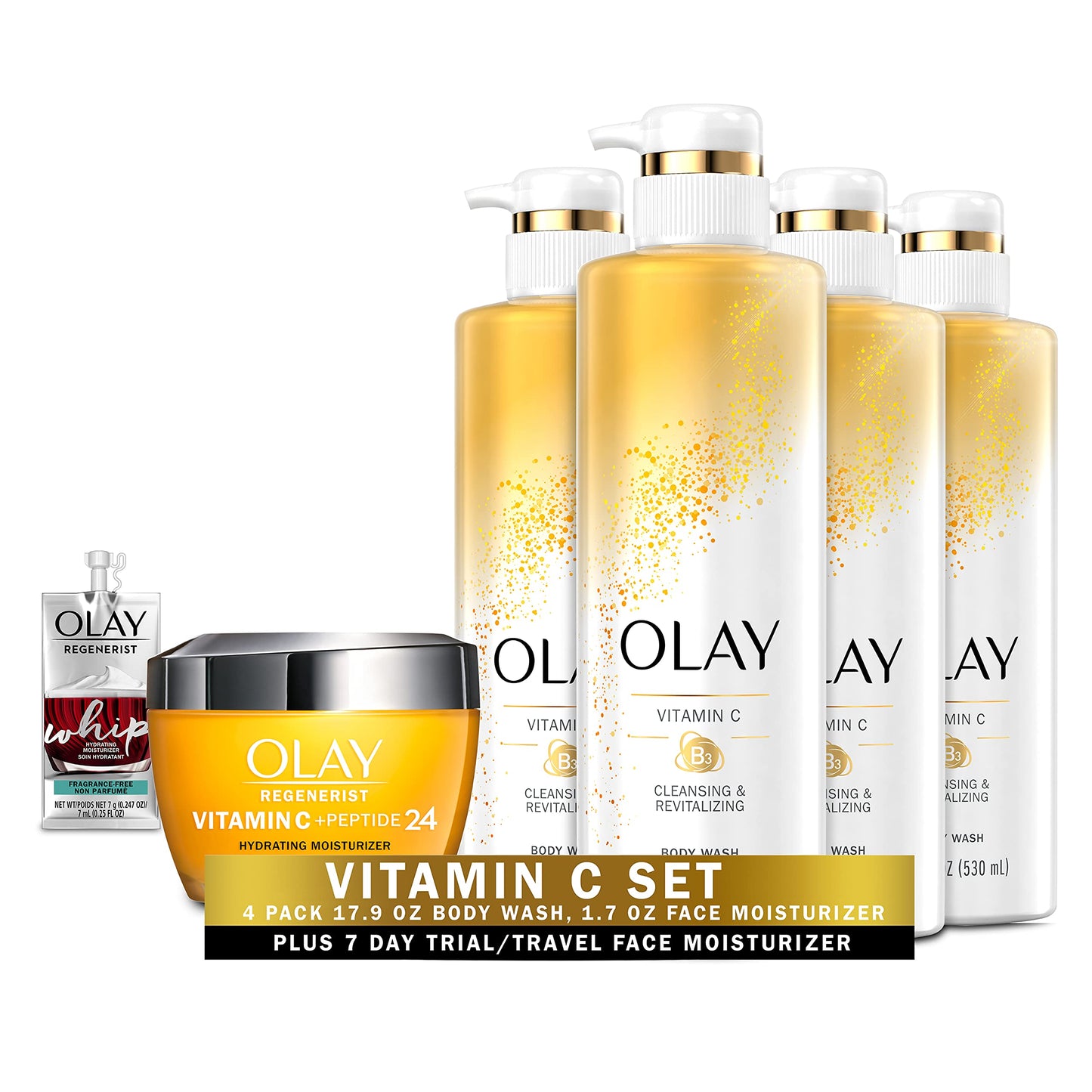 Olay Regenerist Vitamin C + Peptide 24 Brightening Face Cream (1.7 Oz) + Travel Size Whip Face Moisturizer and Cleansing & Brightening Body Wash with Vitamin C and Vitamin B3, 17.9 Fl Oz (Pack of 4)