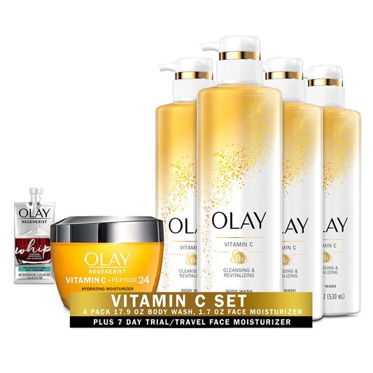 Olay Regenerist Vitamin C + Peptide 24 Brightening Face Cream (1.7 Oz) + Travel Size Whip Face Moisturizer and Cleansing & Brightening Body Wash with Vitamin C and Vitamin B3, 17.9 Fl Oz (Pack of 4)