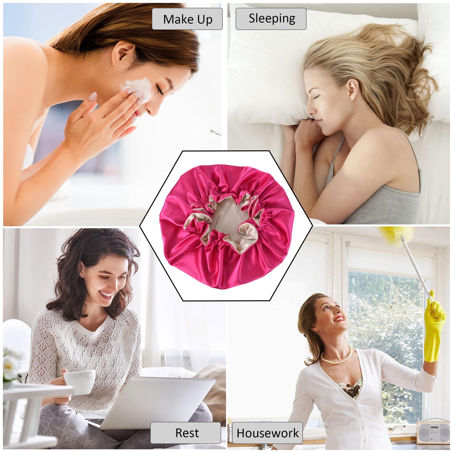 Beutyme Silk Bonnet for Sleeping Satin Bonnets Double Layer Reversible Hair Cap Bonnet for Women Long Curly Braid Hair (Hot Pink)