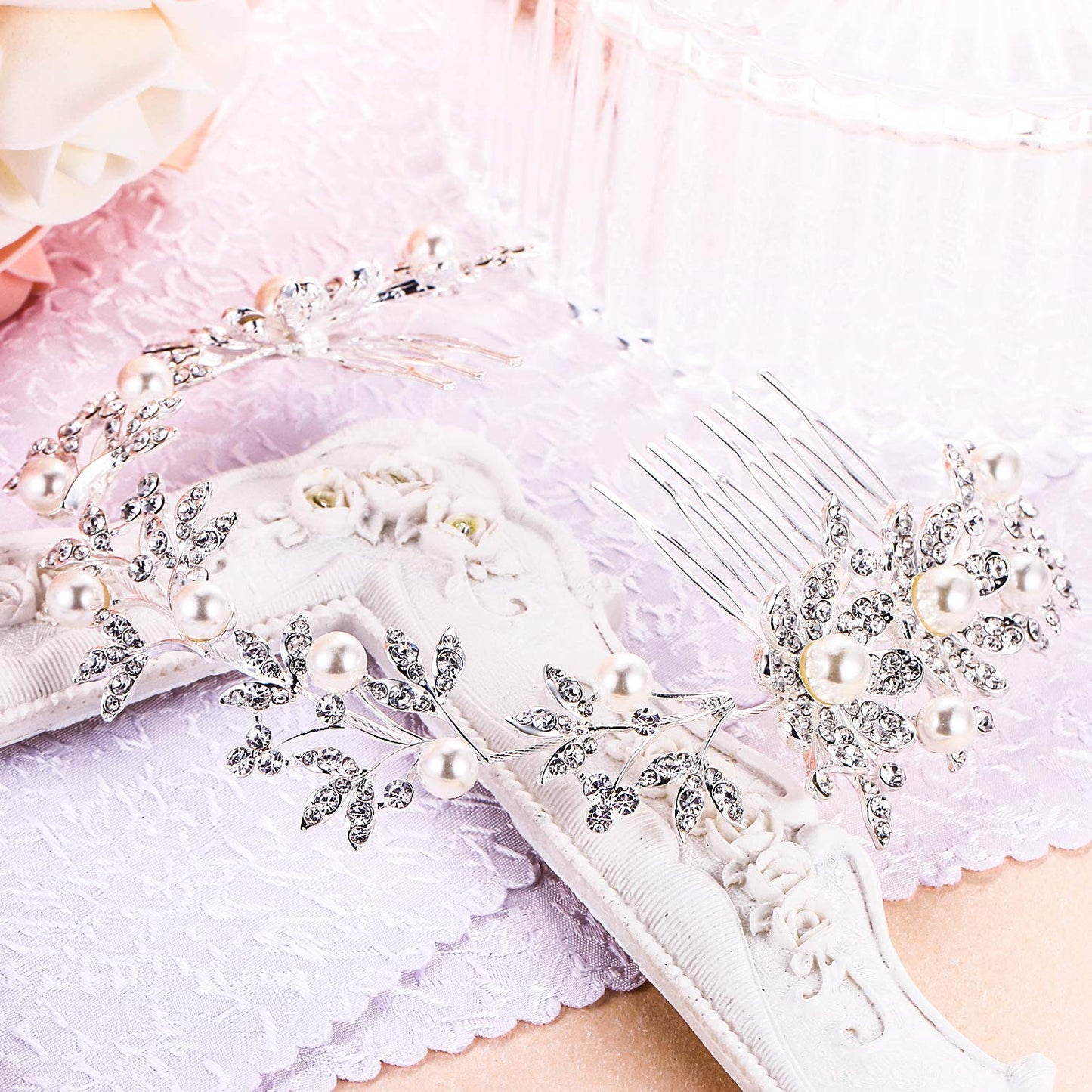 BriLove Wedding Hair Accessory Bridal Headband for Women Bohemian Daisy Flower Crystal Ivory Color Bling Hair Comb Clear Silver-Tone