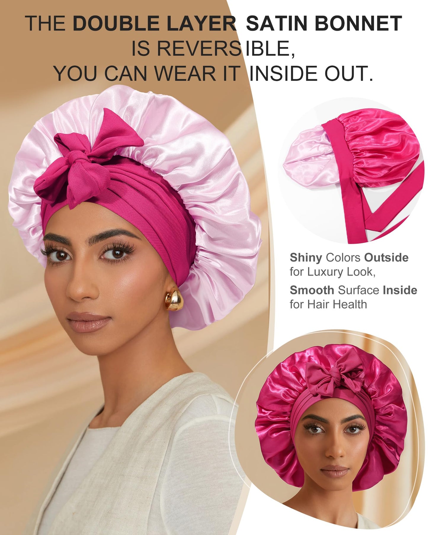 Satin Bonnet for Women Silk Bonnets for Sleeping Curly Hair Bonnet with Elastic Tie Band Reversible Double Layer Sleep Cap Hair Wrap (Rose Red + Pink)