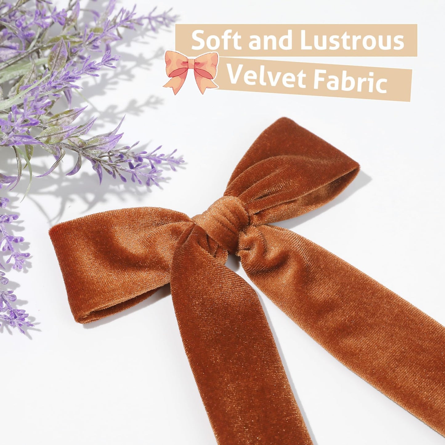 Soft Velvet Hair Bows for Toddler Girls - 2 Sizes (5" & 3.5") Long Ponytail Knot Bows with Alligator Clips - Hair Accessories for Little Kids, Orange & Brown