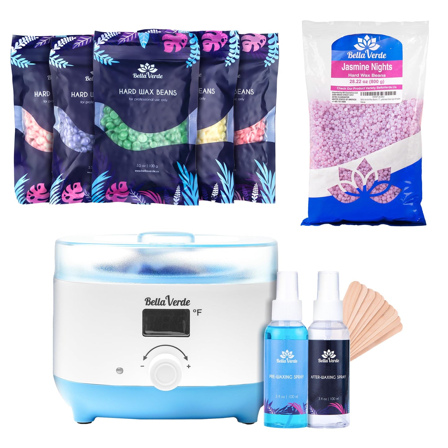 Bella Verde Waxing Kit - Home Wax Kit for Women and Men - Wax Warmer - 5+1 Packs of Wax Beads - Pre & Post Wax Spray 20 Wood Sticks - Hard Wax Beans for Brazilian Body Legs Eyebrows Face Lips