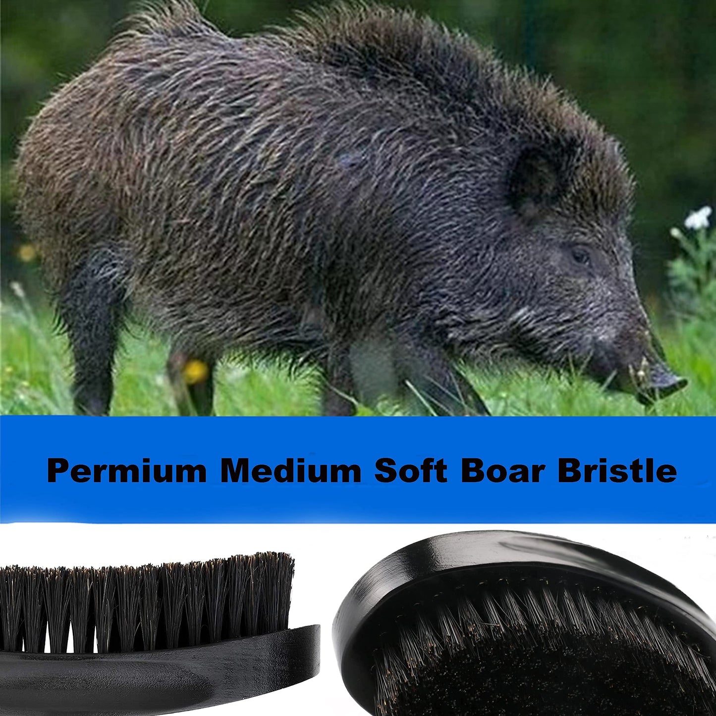 Premium Beech and Black Mix Bristle Wave Brush - Curved Medium Hard Brush for Men's Hair Styling