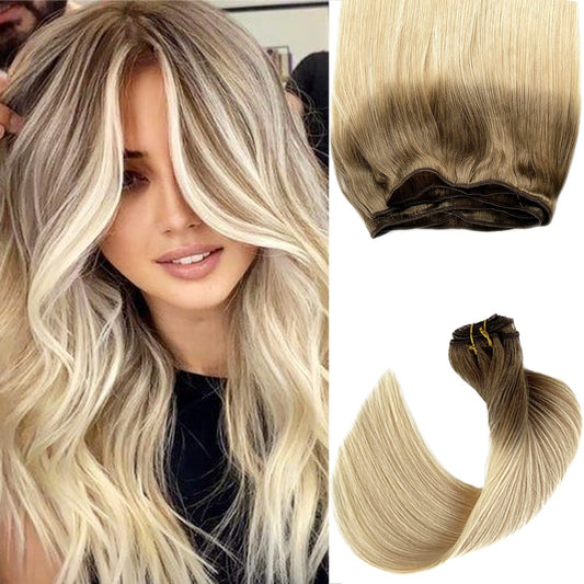 Benafee Ombre Sew in Weft Hair Extensions Human Hair, 24 Inch 120G Bundles Ash Brown to White Blonde Real Hand Tied Wefts Full Head