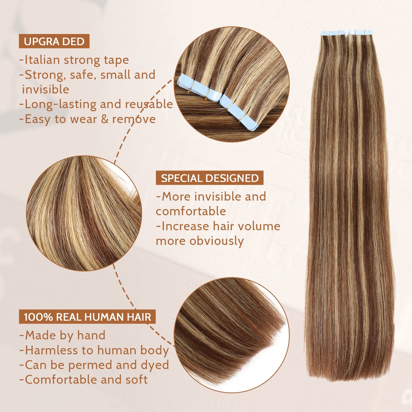 Tape in Hair Extensions Human Hair 4/27 Highlight Brown Straight Tape in Human Hair Extensions Adhesive Glue on Premium Quality Silky Invisible Seamless Skin Weft 22 inches 20pcs 50g/pack