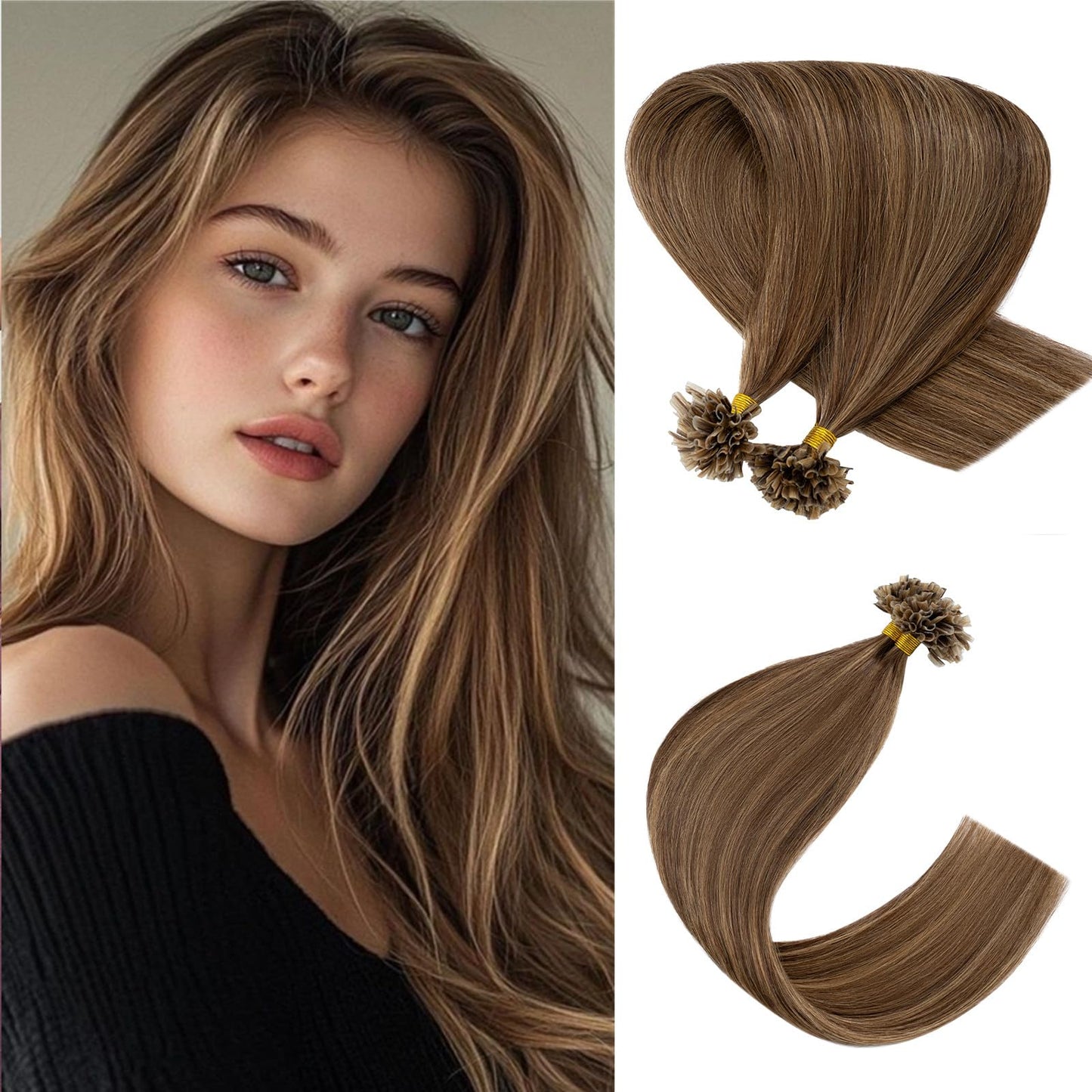 Rich Choices U Tip Hair Extensions Human Hair,100 Strands 0.5g/Strand K Tip Real Remy Human Hair Extensions Nail Tip K Tip Keratin Hair Extension 22 Inch #4P27 Medium Brown Highlight Dark Blonde