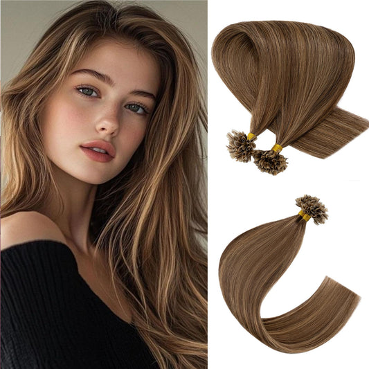 Rich Choices U Tip Hair Extensions Human Hair,100 Strands 0.5g/Strand K Tip Real Remy Human Hair Extensions Nail Tip K Tip Keratin Hair Extension 22 Inch #4P27 Medium Brown Highlight Dark Blonde