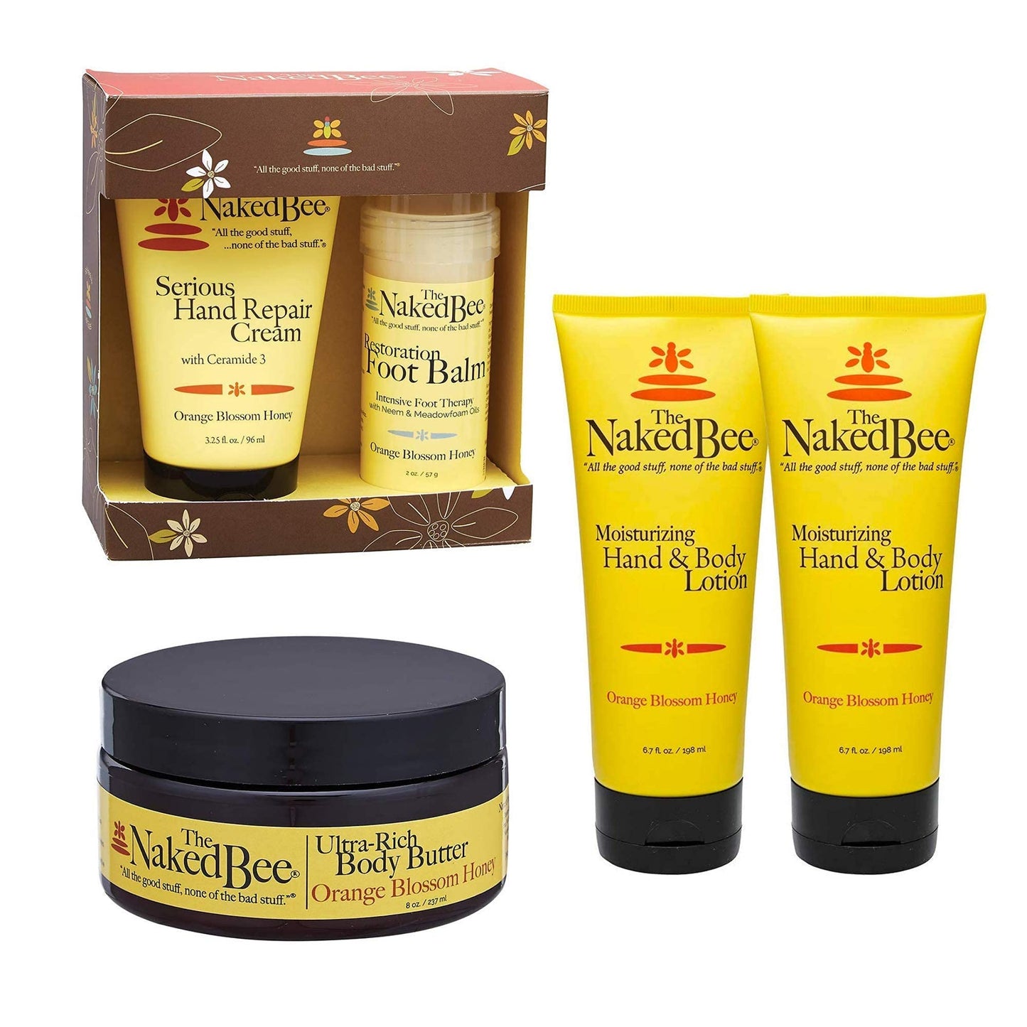 The Naked Bee Orange Blossom Honey Hand and Body Lotion 6.7oz + Honey Serious Restoration for Hands & Feet Gift Set + Orange Blossom Honey Ultra Rich Body Butter 8oz
