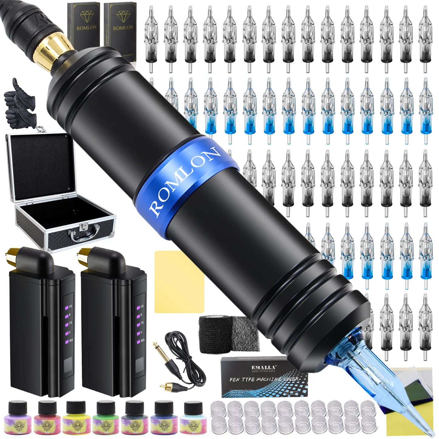 Romlon Tattoo Kit - Tattoo Pen Machine Kit Rotary Tattoo Pen Machine 2Pcs Power Supply 40Pcs Tattoo Needles Cartridge Tattoo Accessories for Beginner Tattoo Artist
