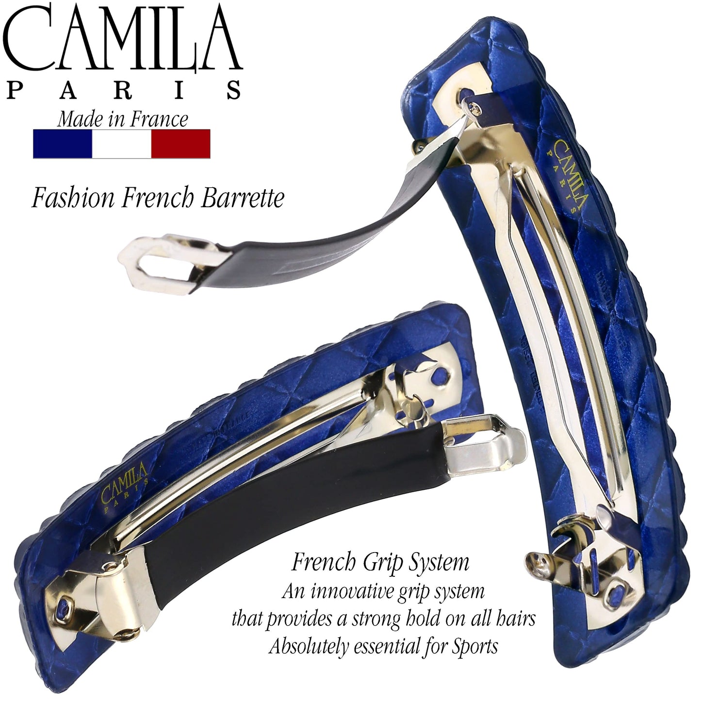 Camila Paris CP3250 French Hair Barrette Clip for Girls, Blue Shell, Rubberized Metal Closure Strong Hold Grip Hair Clips for Women, No Slip Durable Styling Girls Hair Accessories, Made in France