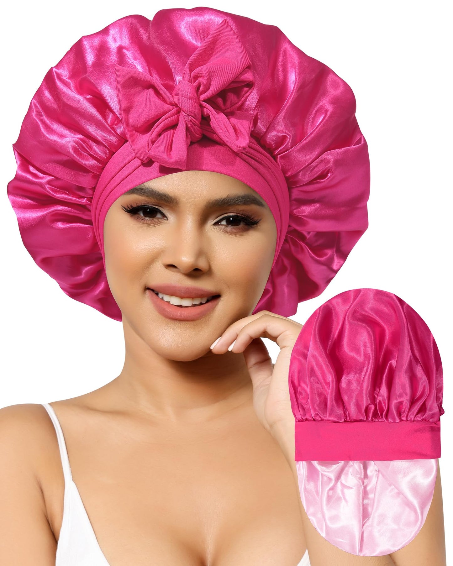 Satin Bonnet for Women Silk Bonnets for Sleeping Curly Hair Bonnet with Elastic Tie Band Reversible Double Layer Sleep Cap Hair Wrap (Rose Red + Pink)