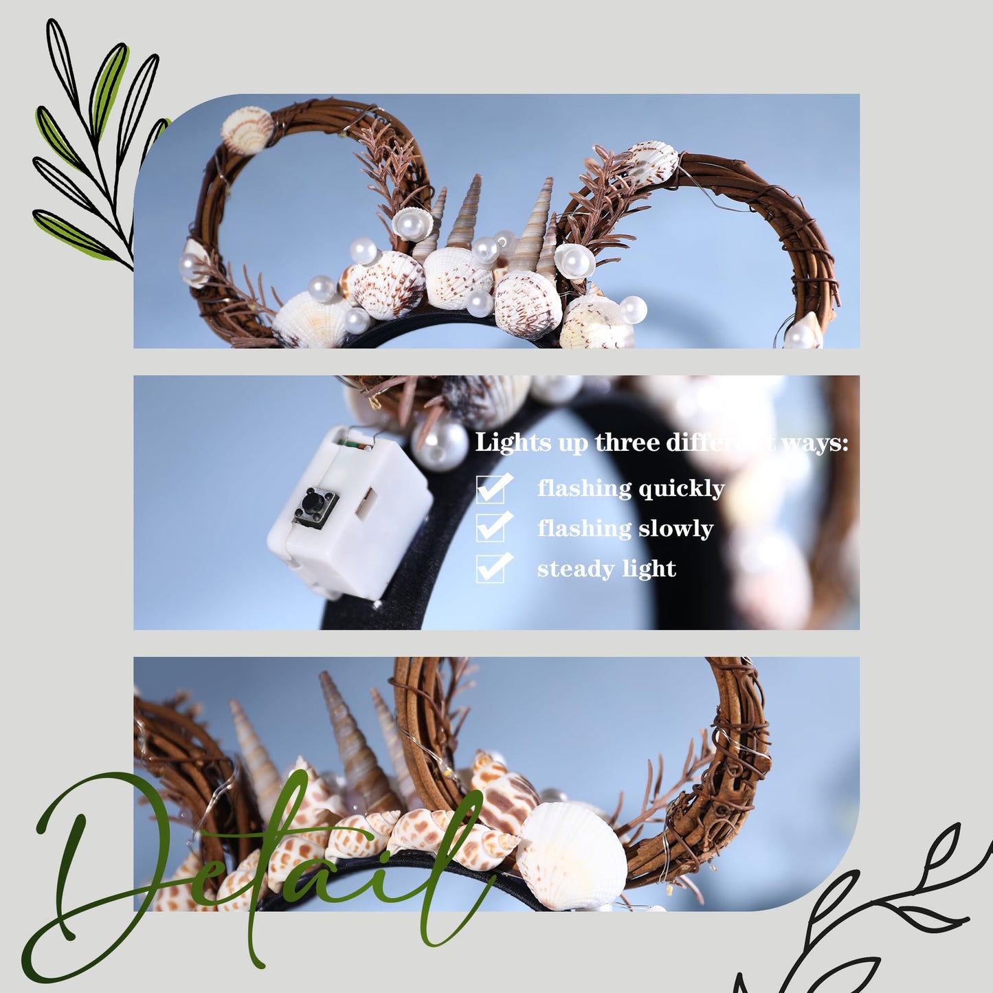 VISSTREE Shell Mouse Ear Crown - LED Light Up Ocean Shell Mermaid Style Mouse Ear Headband for Women Girls Park Party Birthday Celebration Halloween Festival Cosplay Costume Props