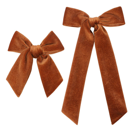 Soft Velvet Hair Bows for Toddler Girls - 2 Sizes (5" & 3.5") Long Ponytail Knot Bows with Alligator Clips - Hair Accessories for Little Kids, Orange & Brown