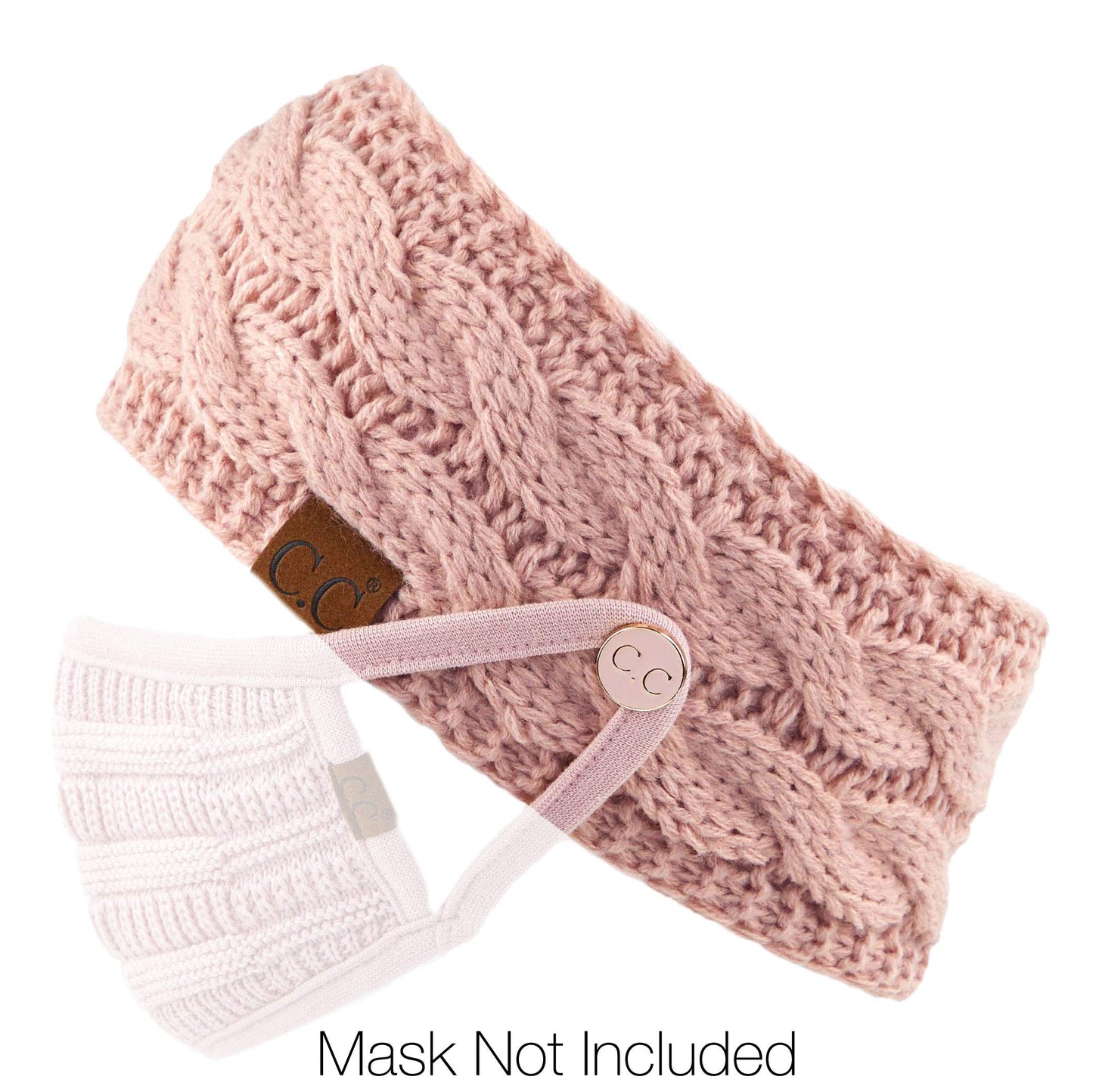 C.C Winter Fuzzy Fleece Lined Thick Knitted Headband Headwrap Epoxy Button for Face Masks (BHW-1) (A Button Rose)