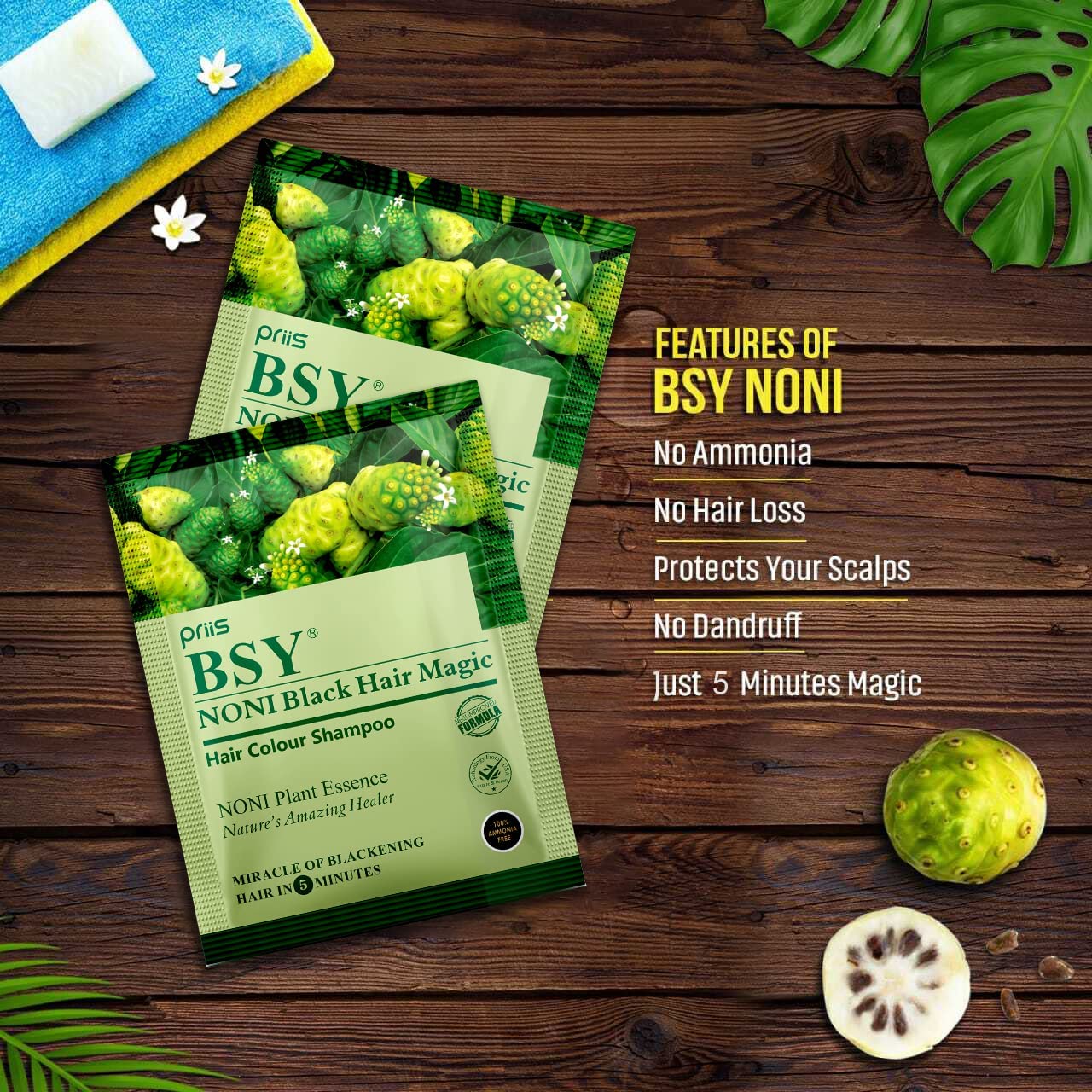 BSY Noni Black Hair Magic Hair Color Shampoo - Ammonia Free, Natural Black Permanent Hair Dye for Men and Women, 4 Sachets (0.67 Fl Oz each), Suitable for Gray Hair