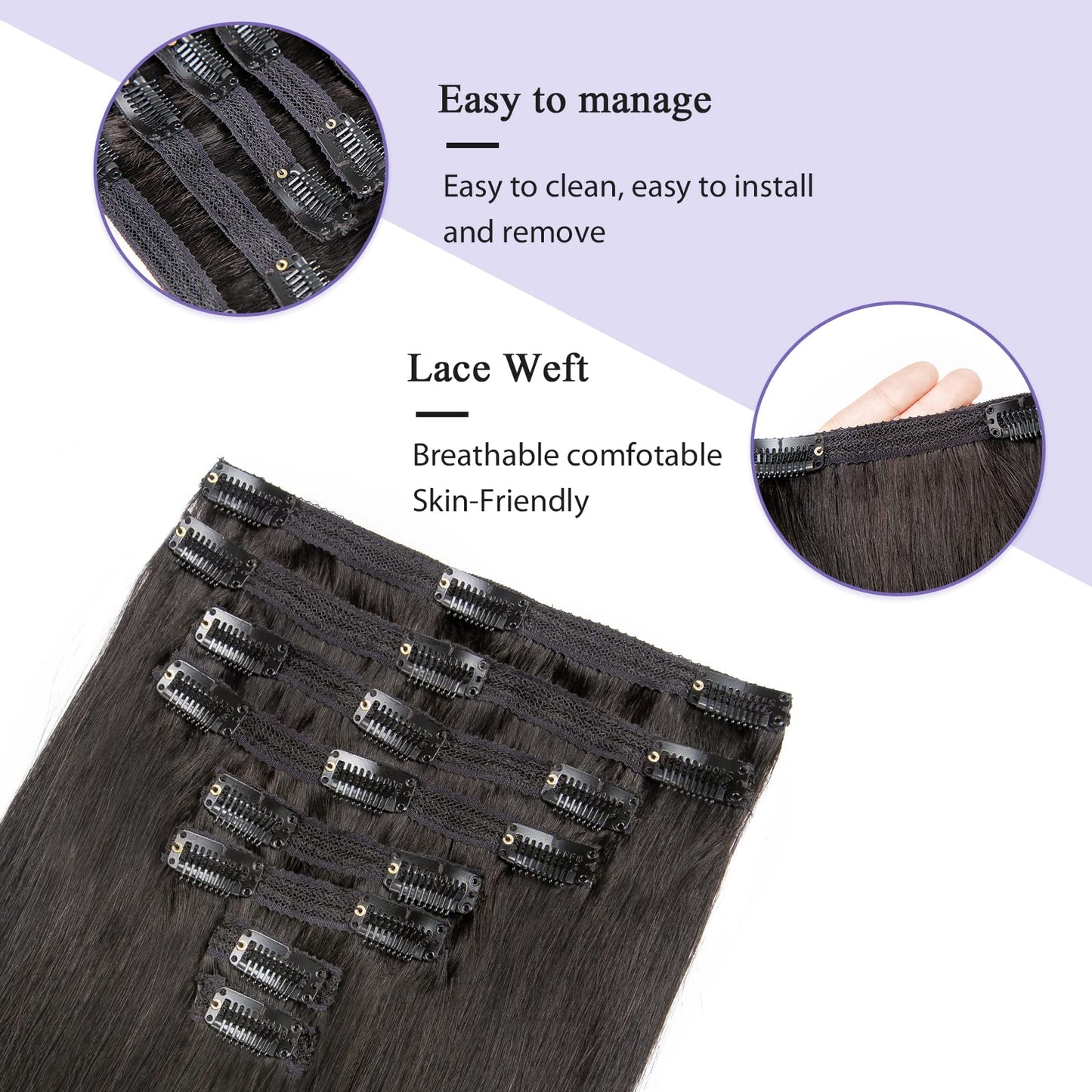 Straight Human Hair Clip in Hair Extensions 100% Unprocessed Full Head Brazilian Virgin Hair Natural Black Color,Double Wefts,8/Pcs with 18Clips,130Gram (20 Inch)