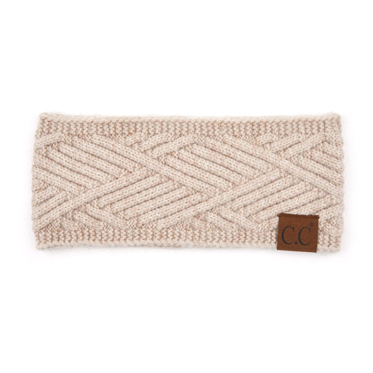 C.C Winter Fuzzy Fleece Lined Thick Knitted Diagonal Stripes Criss-Cross Pattern Headband Headwrap (HW-2060) (a Snuggly Soft Yarm - Beige)