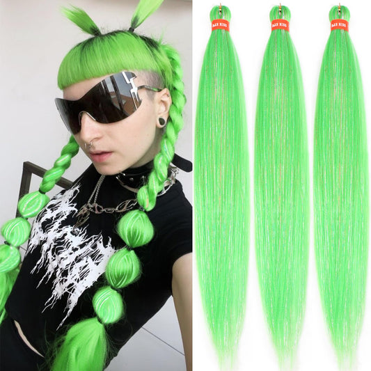 Neon Green Pre Stretched Braiding Hair With Tinsel Glitter 30 Inch Box Braid Hair Extensions Shinny 3 Packs Yaki Texture Pre Feathered Festival Braids Hair