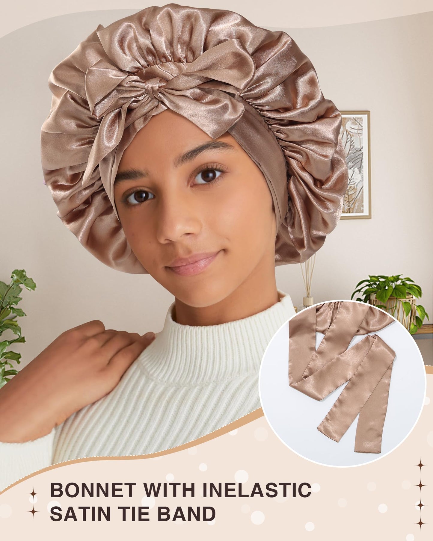 2PCS Satin Bonnet Silk Bonnet for Sleeping Women Curly Hair Bonnet with Tie Band Bonnet Sleep Cap (US, Numeric, 7 7/8, 8, Beige + Champagne)