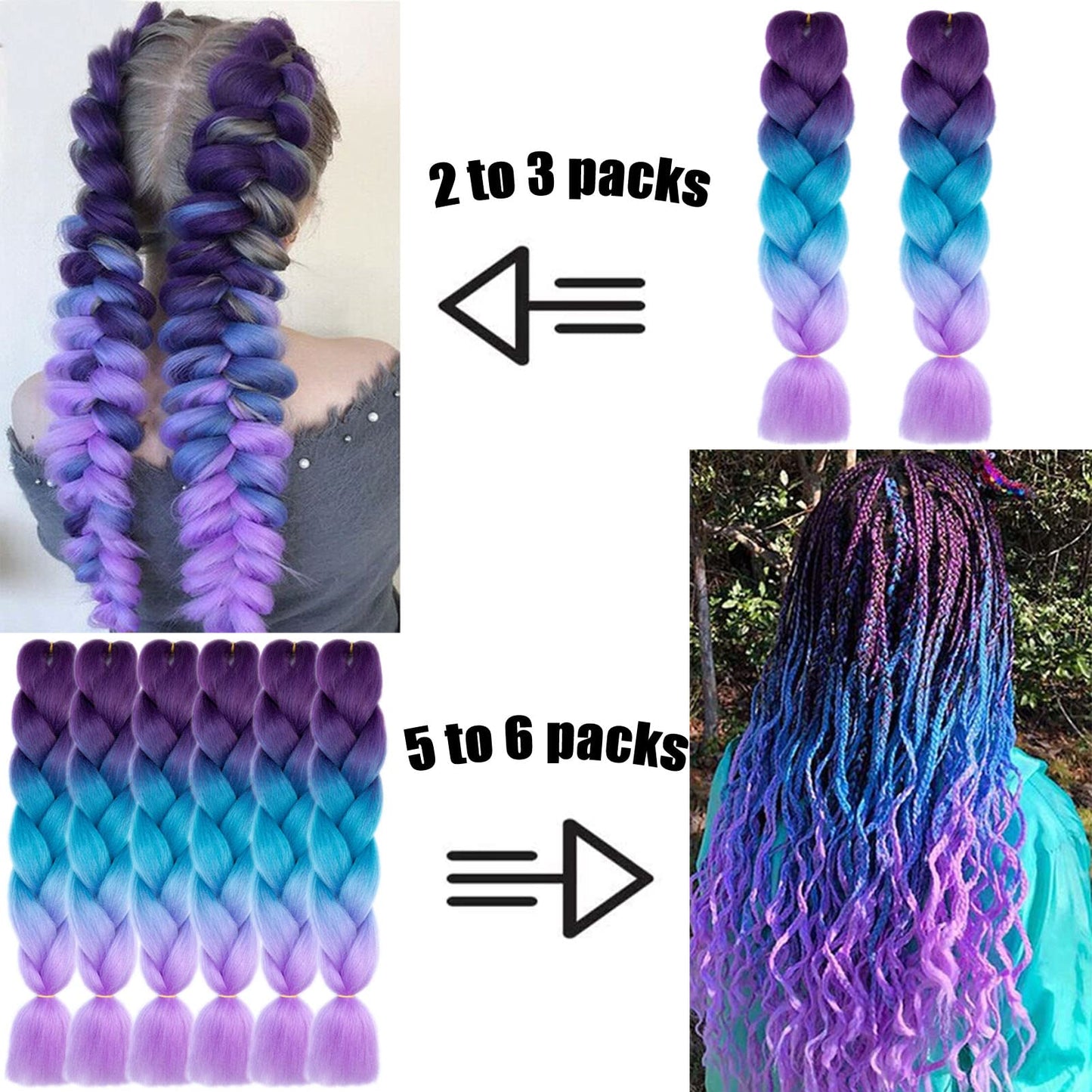 TENGSHUO FLY Black to Blue Braiding Hair 6 Packs Synthetic Braid Hair Extensions Jumbo Ombre Braiding Hair 24 Inch or Box Braids Twist Crochet Braids(24"6Pack,Black to Blue)